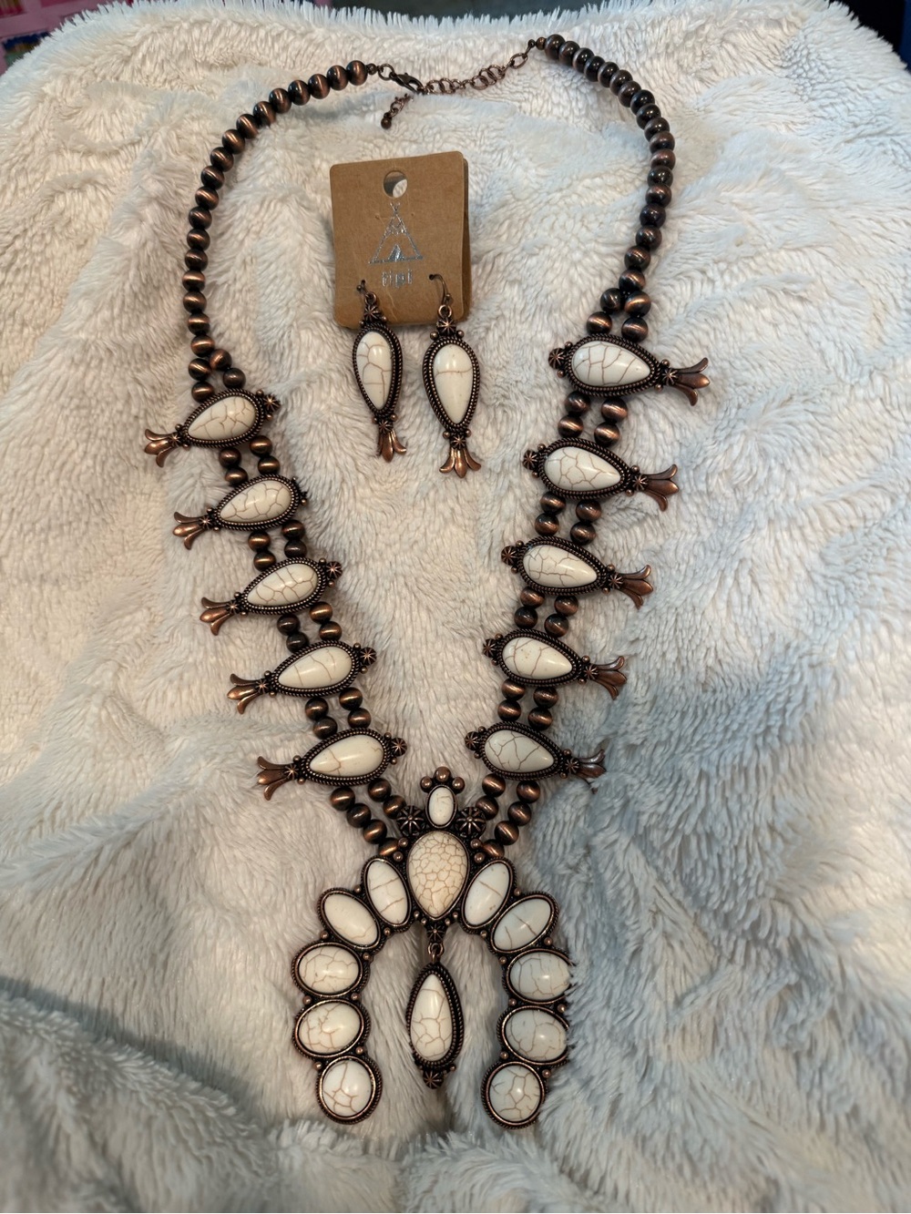 Antique Copper White Stone Squash Blossom Necklace & Earrings
